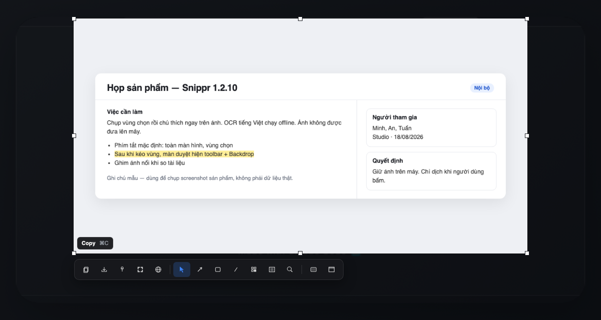 Màn duyệt Snippr sau khi kéo vùng — toolbar, 8 handle crop, HUD phím tắt